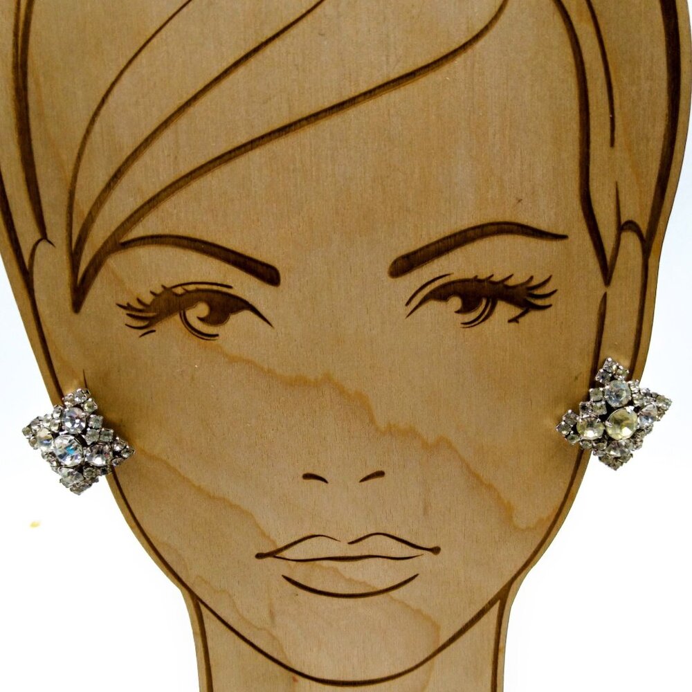 Vintage Clear Crystal Glam Earrings, Classic Silver Tone Clip On with Prong Set